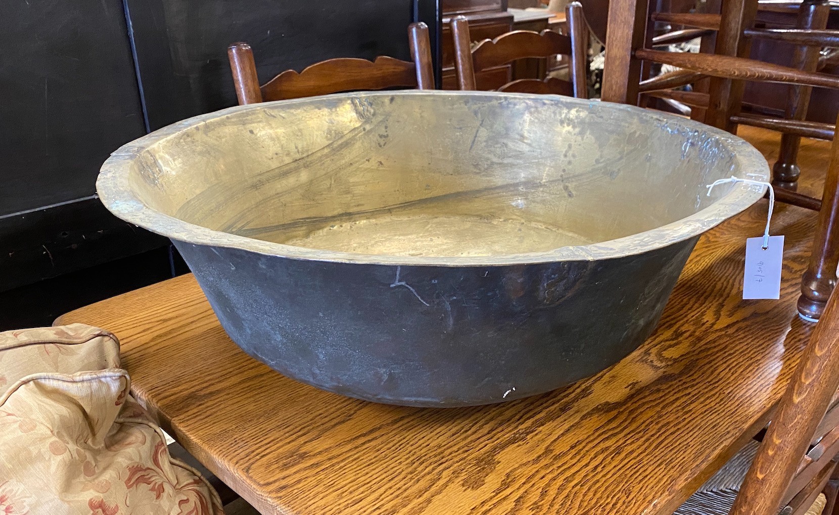 A French circular brass milk pail, diameter 69cm, height 24cm